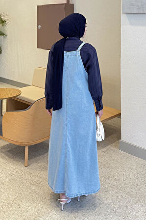 Askılı Denim Salopet Elbise Buz Mavisi
