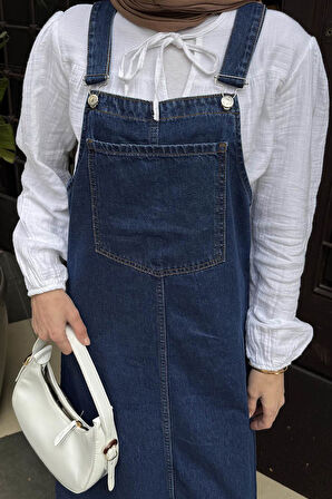 Ön Cep Detaylı Denim Salopet Elbise Koyu Mavi