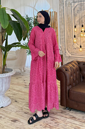 Düğmeli Çiçek İşlemeli Fisto Elbise Pembe