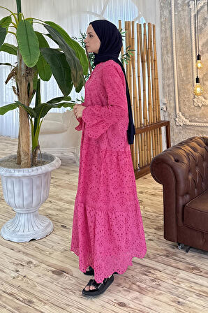 Düğmeli Çiçek İşlemeli Fisto Elbise Pembe