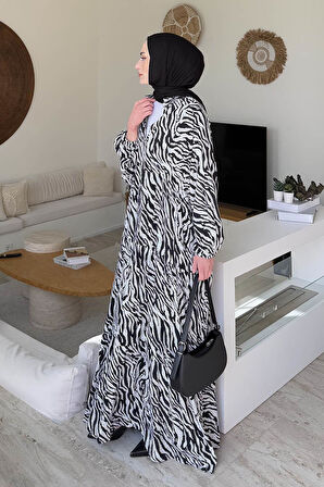 Yarasa Kol Baskılı Zebra Desen Tesettür Elbise Siyah