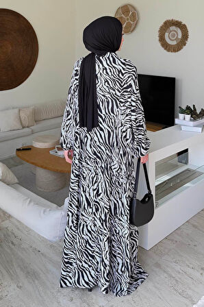 Yarasa Kol Baskılı Zebra Desen Tesettür Elbise Siyah