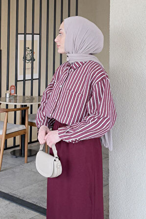 Carla Çizgili Tesettür Gömlek Bordo