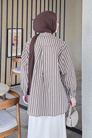 Carla Çizgili Tesettür Gömlek Soft Kahve