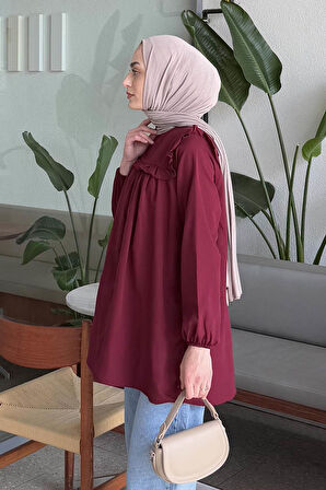 Bisiklet Yaka Omuz Fırfırlı Tunik Bordo
