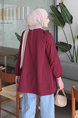 Bisiklet Yaka Omuz Fırfırlı Tunik Bordo