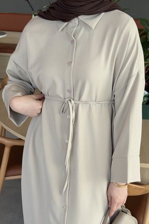 Takma Manşet Detaylı Dabıl Tesettür Elbise Taş
