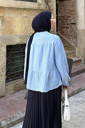 V Yaka Kolları Lastikli Müslim Tesettür Gömlek Bebe Mavisi