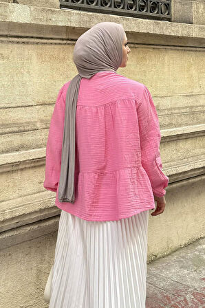 V Yaka Kolları Lastikli Müslim Tesettür Gömlek Pembe
