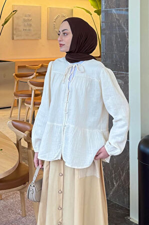 V Yaka Kolları Lastikli Müslim Tesettür Gömlek Ekru