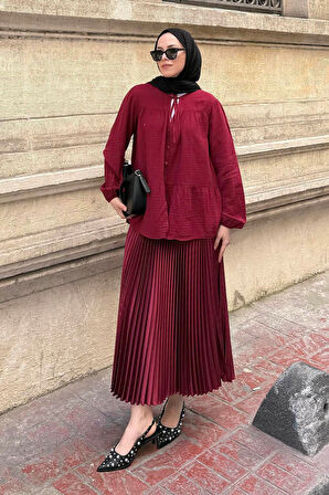 V Yaka Kolları Lastikli Müslim Tesettür Gömlek Bordo