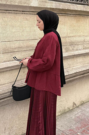 V Yaka Kolları Lastikli Müslim Tesettür Gömlek Bordo