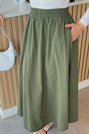 Cepli Bel Lastikli Gabardın Tesettür Etek Haki