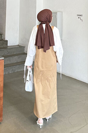 Kanguru Cepli Tesettür Elbise Camel