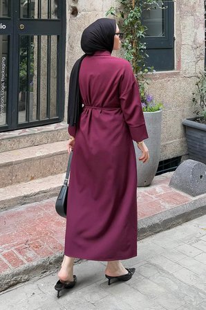 Takma Manşet Detaylı Dabıl Tesettür Elbise Mürdüm