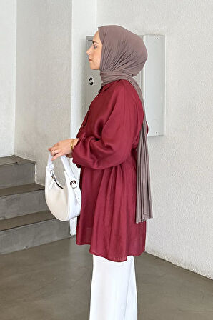 Belden Büzgülü Kolları Lastikli Tesettür Gömlek Bordo