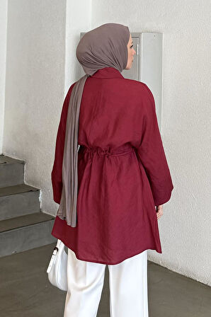 Belden Büzgülü Kolları Lastikli Tesettür Gömlek Bordo