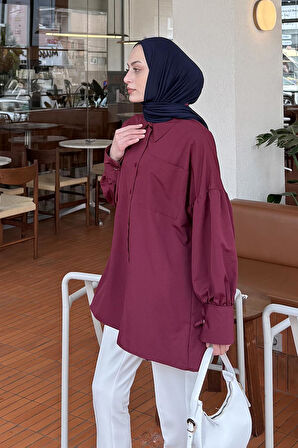 Kol Bağlama Detaylı Oversize Gömlek Bordo