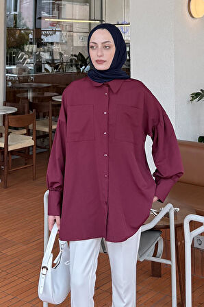 Kol Bağlama Detaylı Oversize Gömlek Bordo