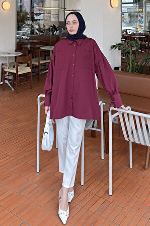 Kol Bağlama Detaylı Oversize Gömlek Bordo