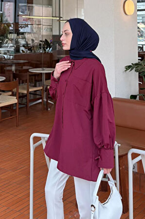Kol Bağlama Detaylı Oversize Gömlek Bordo
