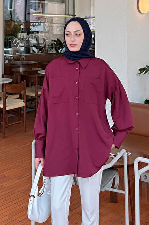 Kol Bağlama Detaylı Oversize Gömlek Bordo