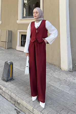Bağlama Detaylı Yelek-Pantolon İkili Takım Bordo