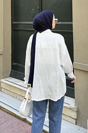 Düğme Detaylı Çizgili Gömlek Bebe Mavisi