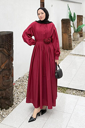 Pileli Poplin Elbise Bordo