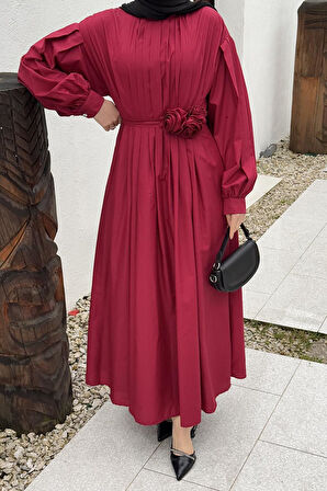 Pileli Poplin Elbise Bordo