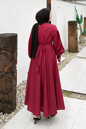 Pileli Poplin Elbise Bordo
