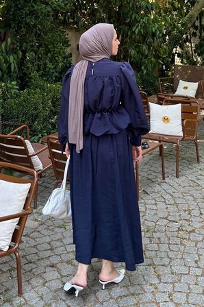 Büzgü Detaylı Tesettür İkili Takım Lacivert