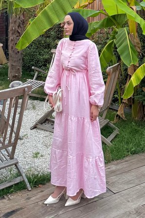 Bel Büzgülü Tesettür Elbise Pembe