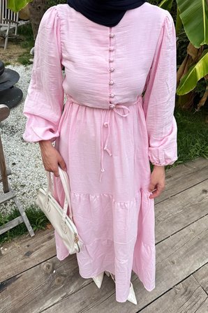 Bel Büzgülü Tesettür Elbise Pembe