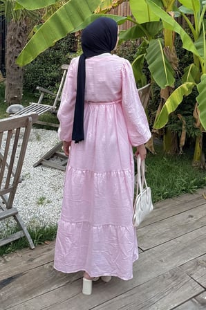 Bel Büzgülü Tesettür Elbise Pembe