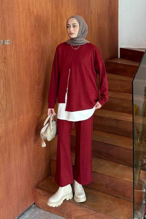 Fermuarlı Garnili Takım Bordo