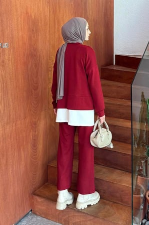 Fermuarlı Garnili Takım Bordo