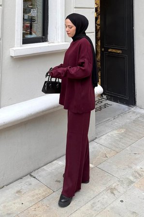 Düz İkili Triko Tesettür Takım Bordo