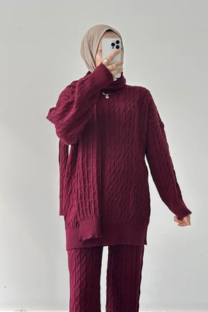 Atkılı Örülü Tesettür Takım Bordo