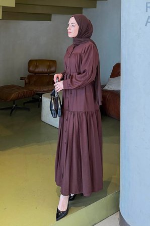 Bağlama Detaylı Tesettür Elbise Acı Kahverengi