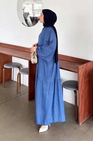 Balon Kol Katlı Yazlık Elbise Kot Mavisi