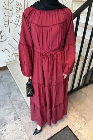 Kat Detaylı Bağlamalı Elbise Bordo