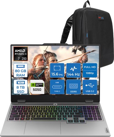 Lenovo Loq 15AHP10 Amd Ryzen 7 250 80GB Ddr5 8tb SSD Freedos RTX5050 8gb 100W 15.6" Fhd (1920X1080) IPS 300NITS 144Hz Gaming Laptop 83JG006ATRF49 + Zetta Çanta