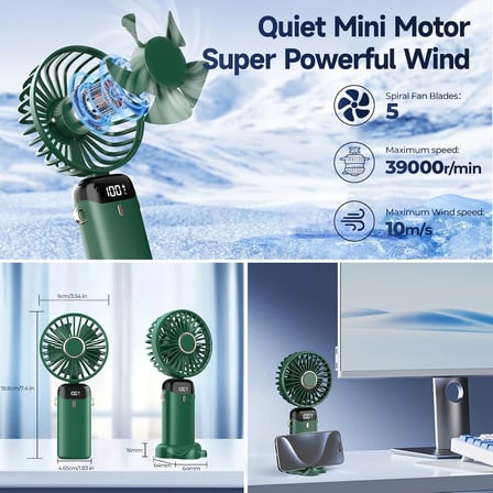 Taşınabilir USB Vantilatör, 4200mAh Şarjlı El Tipi Fan, LED Ekranlı, 3'ü 1 Arada El/Boyun/Masa Fanı, Yaz, Ofis, Seyahat için, Kadınlar, Kızlar ve Çocuklara Hediye (Yeşil)