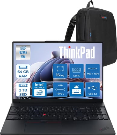 Lenovo Thinkpad E16 Gen 3 Intel Core Ultra 5 225U 64GB Ddr5 2tb SSD Freedos Intel Aı Boost 16 Inç Wuxga (1920 x 1200) IPS 300NITS Taşınabilir Bilgisayar 21SR006VTXF29 + Zetta Çanta