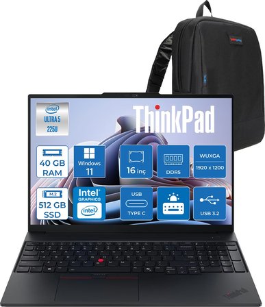 Lenovo Thinkpad E16 Gen 3 Intel Core Ultra 5 225U 40GB Ddr5 512GB SSD Windows 11 Pro Intel Aı Boost 16 Inç Wuxga (1920 x 1200) IPS 300NITS Taşınabilir Bilgisayar 21SR006VTXP17 + Zetta Çanta