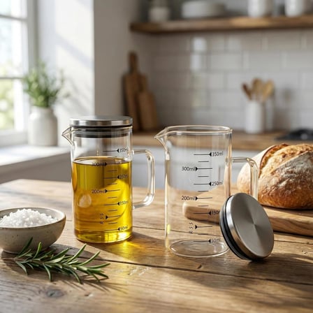 2'li Set Paslanmaz Çelik Kapaklı Borosilikat Cam Yağdanlık ve Ölçü Kabı - 350ml - Isıya Dayanıklı Damlatmaz Sosluk, Sütlük ve Mutfak Hazırlık Sürahisi - Şeffaf Modern Tasarım