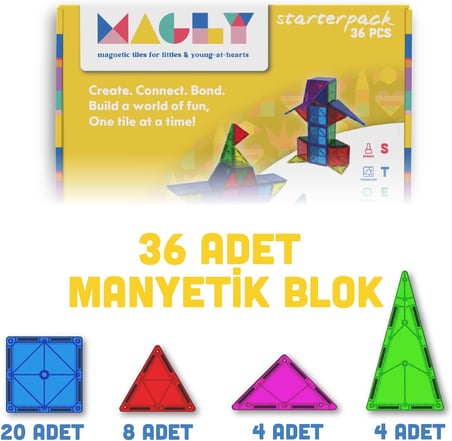 Manyetik Yapı Blokları – Çocuklar Için Renkli 3 Boyutlu 36 Parça Manyetik Karo Oyun Seti