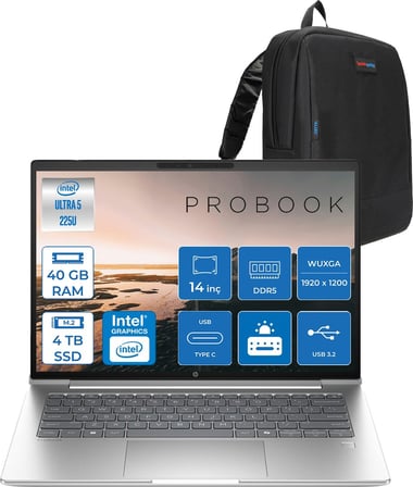 Hp Probook 4 G1I Aı Intel Core Ultra 5 225U 40GB Ddr5 4tb SSD Freedos Intel® Aı Boost 14" WUXGA(1920X1200) IPS 300NITS Taşınabilir Bilgisayar C9FH0ETF20 + Zetta Çanta