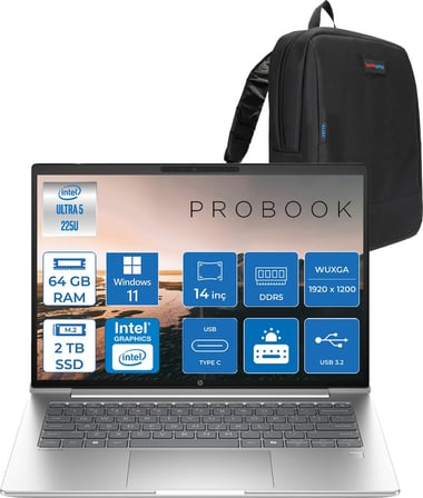 Hp Probook 4 G1I Aı Intel Core Ultra 5 225U 64GB Ddr5 2tb SSD Windows 11 Pro Intel® Aı Boost 14" WUXGA(1920X1200) IPS 300NITS Taşınabilir Bilgisayar C9FH0ETP29 + Zetta Çanta